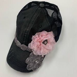 Designer Cap charcoal gray with soft pink and gray flowers and rhinestones.